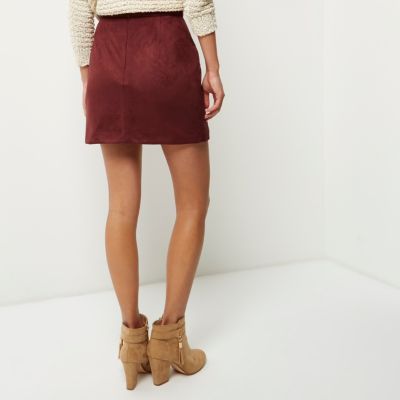 Dark red faux suede wrap mini skirt